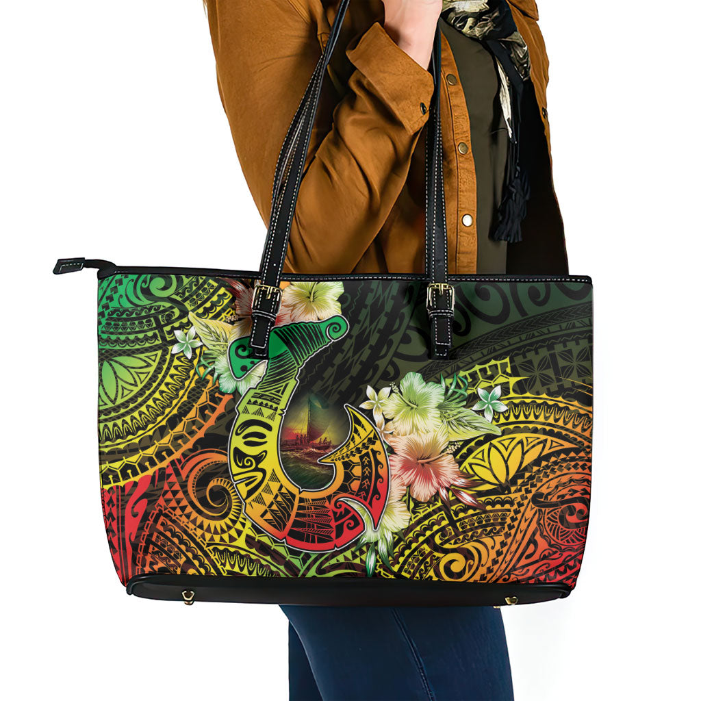 Hawaii Discoverers Day Leather Tote Bag Polynesian Fish Hook With Hibiscus Reggae