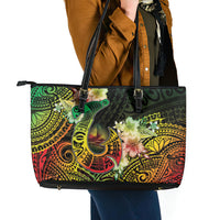 Hawaii Discoverers Day Leather Tote Bag Polynesian Fish Hook With Hibiscus Reggae