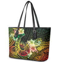 Hawaii Discoverers Day Leather Tote Bag Polynesian Fish Hook With Hibiscus Reggae