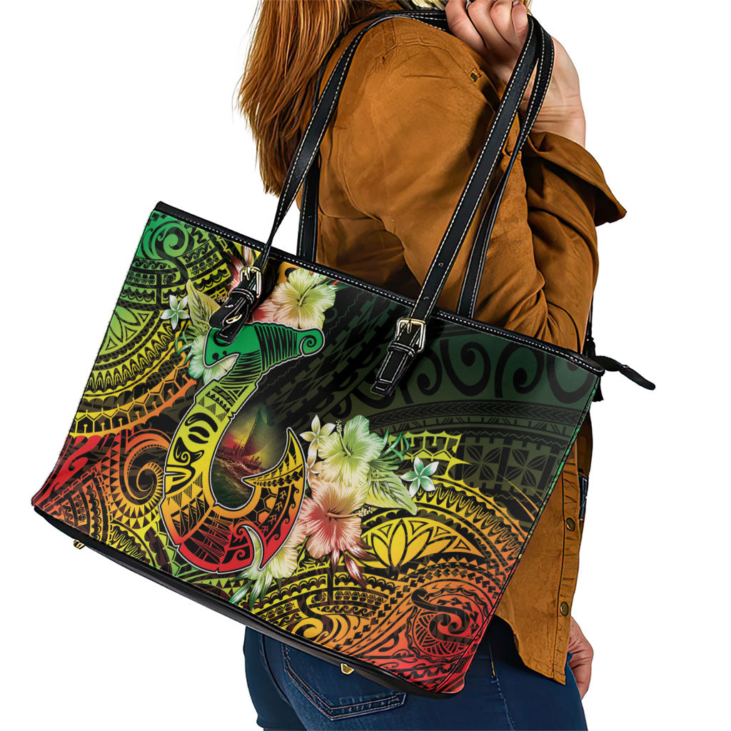 Hawaii Discoverers Day Leather Tote Bag Polynesian Fish Hook With Hibiscus Reggae