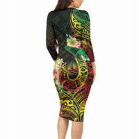 Hawaii Discoverers Day Long Sleeve Bodycon Dress Polynesian Fish Hook With Hibiscus Reggae