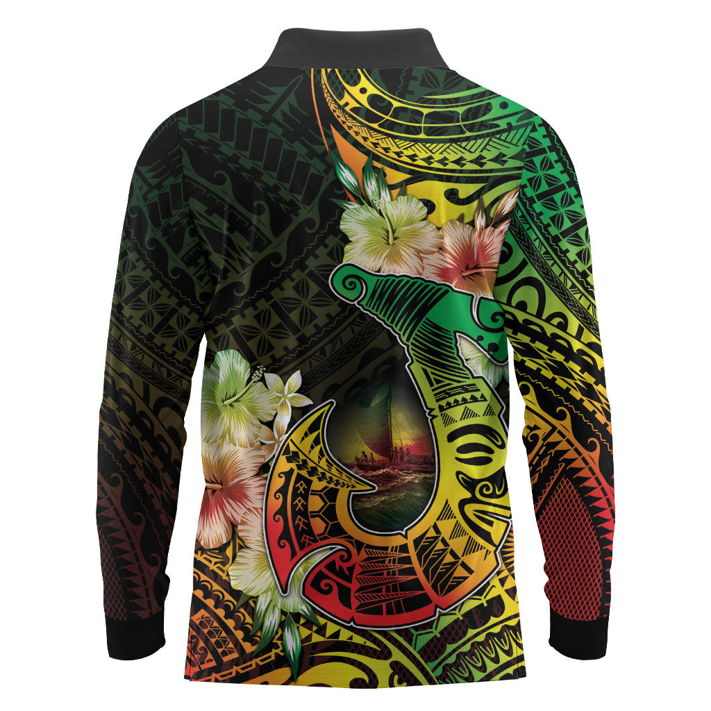 Hawaii Discoverers Day Long Sleeve Polo Shirt Polynesian Fish Hook With Hibiscus Reggae