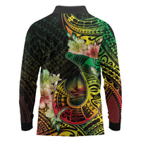 Hawaii Discoverers Day Long Sleeve Polo Shirt Polynesian Fish Hook With Hibiscus Reggae