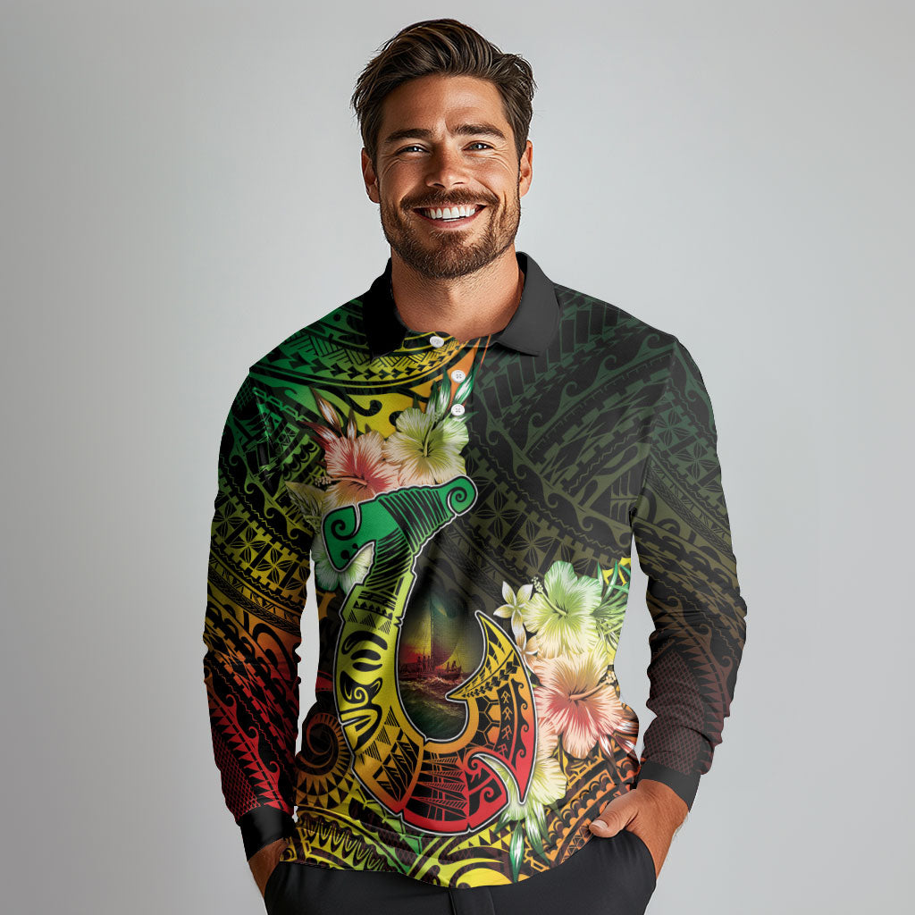 Hawaii Discoverers Day Long Sleeve Polo Shirt Polynesian Fish Hook With Hibiscus Reggae