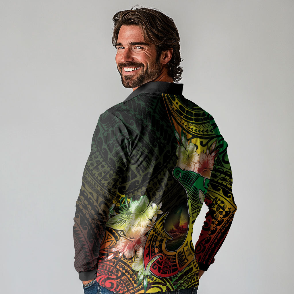 Hawaii Discoverers Day Long Sleeve Polo Shirt Polynesian Fish Hook With Hibiscus Reggae