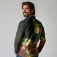 Hawaii Discoverers Day Long Sleeve Polo Shirt Polynesian Fish Hook With Hibiscus Reggae