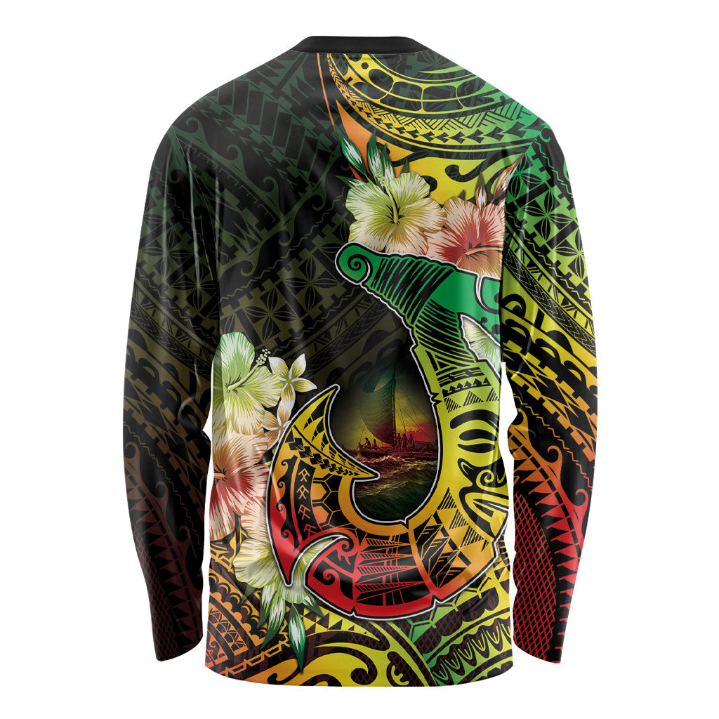 Hawaii Discoverers Day Long Sleeve Shirt Polynesian Fish Hook With Hibiscus Reggae