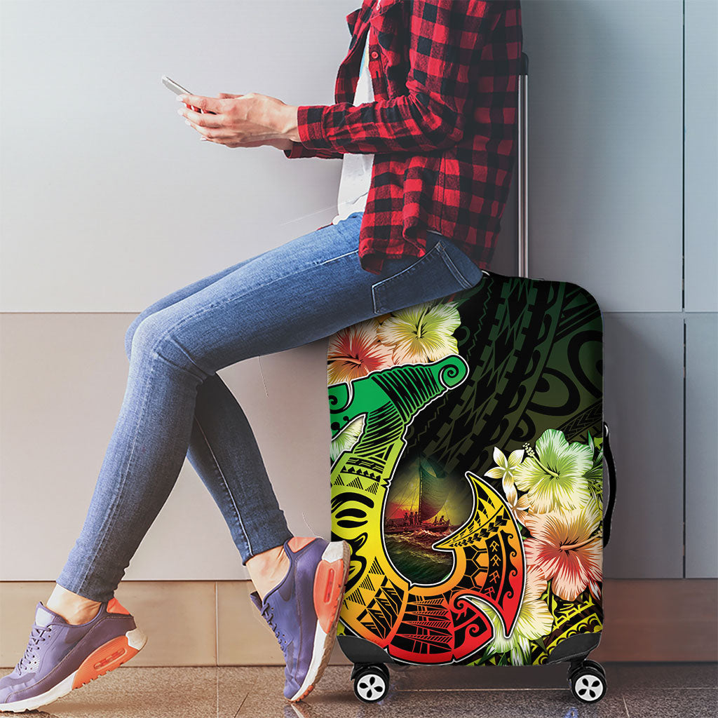Hawaii Discoverers Day Luggage Cover Polynesian Fish Hook With Hibiscus Reggae