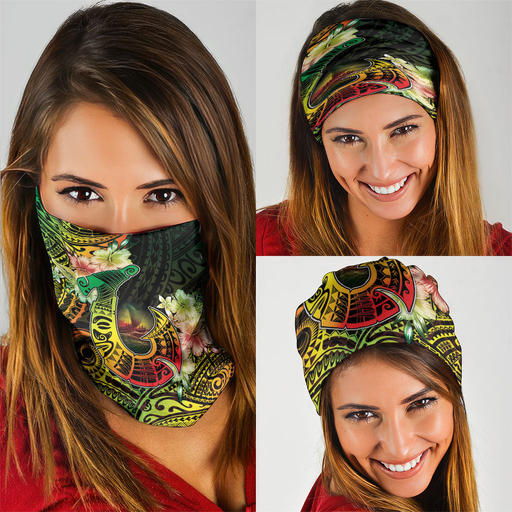 Hawaii Discoverers Day Neck Gaiter Polynesian Fish Hook With Hibiscus Reggae