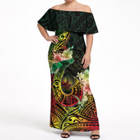 Hawaii Discoverers Day Off Shoulder Maxi Dress Polynesian Fish Hook With Hibiscus Reggae