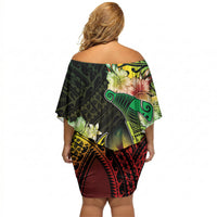 Hawaii Discoverers Day Off Shoulder Short Dress Polynesian Fish Hook With Hibiscus Reggae