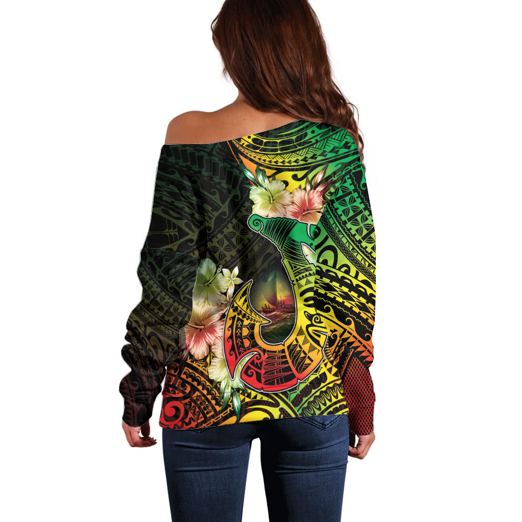 Hawaii Discoverers Day Off Shoulder Sweater Polynesian Fish Hook With Hibiscus Reggae