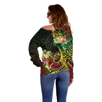Hawaii Discoverers Day Off Shoulder Sweater Polynesian Fish Hook With Hibiscus Reggae