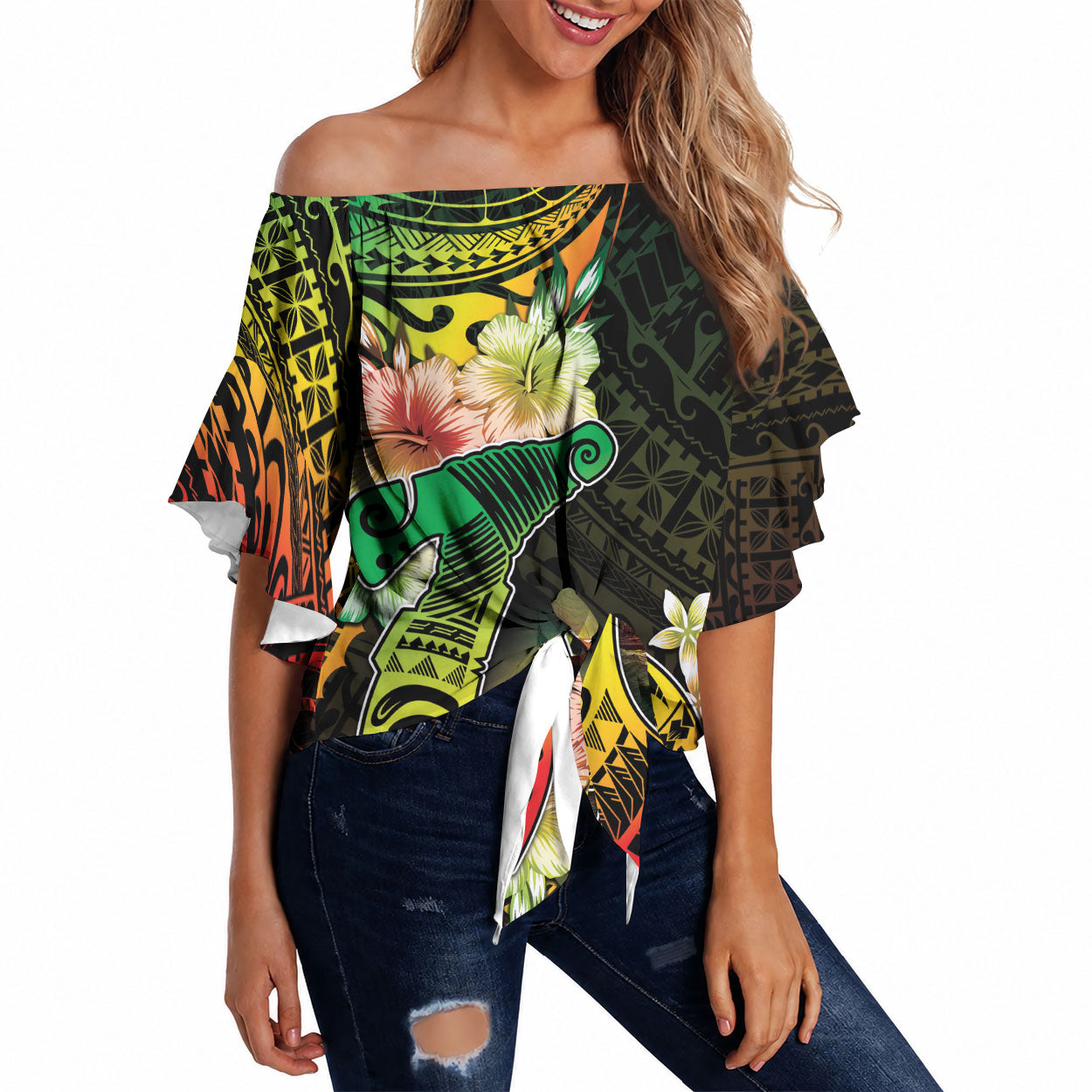 Hawaii Discoverers Day Off Shoulder Wrap Waist Top Polynesian Fish Hook With Hibiscus Reggae