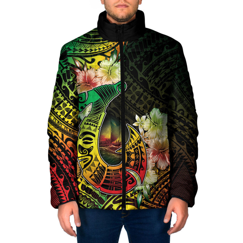 Hawaii Discoverers Day Padded Jacket Polynesian Fish Hook With Hibiscus Reggae LT05 Men Reggae - Polynesian Pride