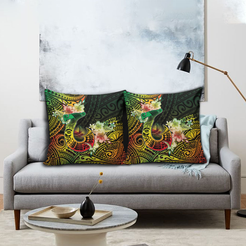 Hawaii Discoverers Day Pillow Cover Polynesian Fish Hook With Hibiscus Reggae
