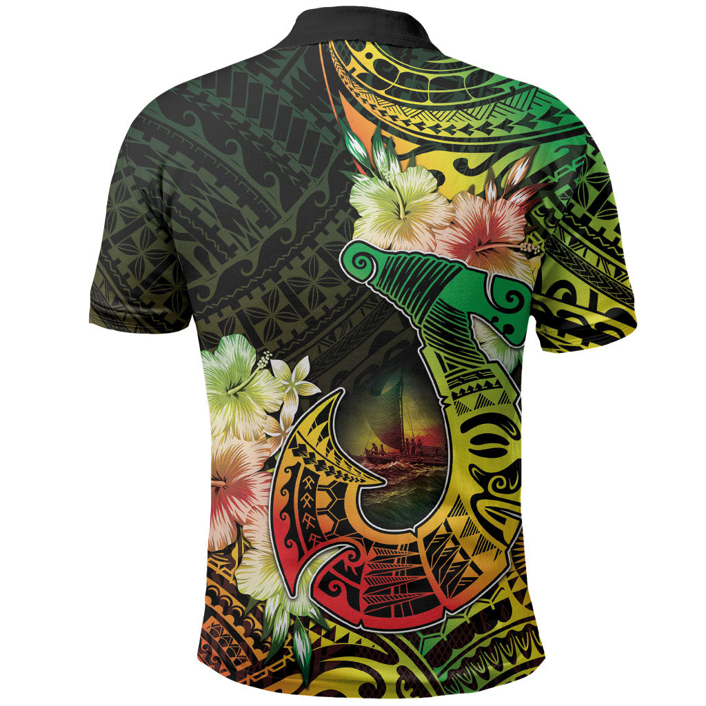 Hawaii Discoverers Day Polo Shirt Polynesian Fish Hook With Hibiscus Reggae
