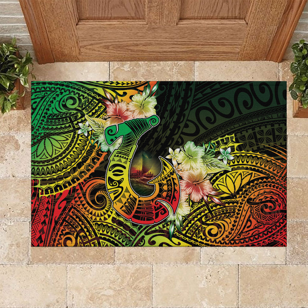 Hawaii Discoverers Day Rubber Doormat Polynesian Fish Hook With Hibiscus Reggae
