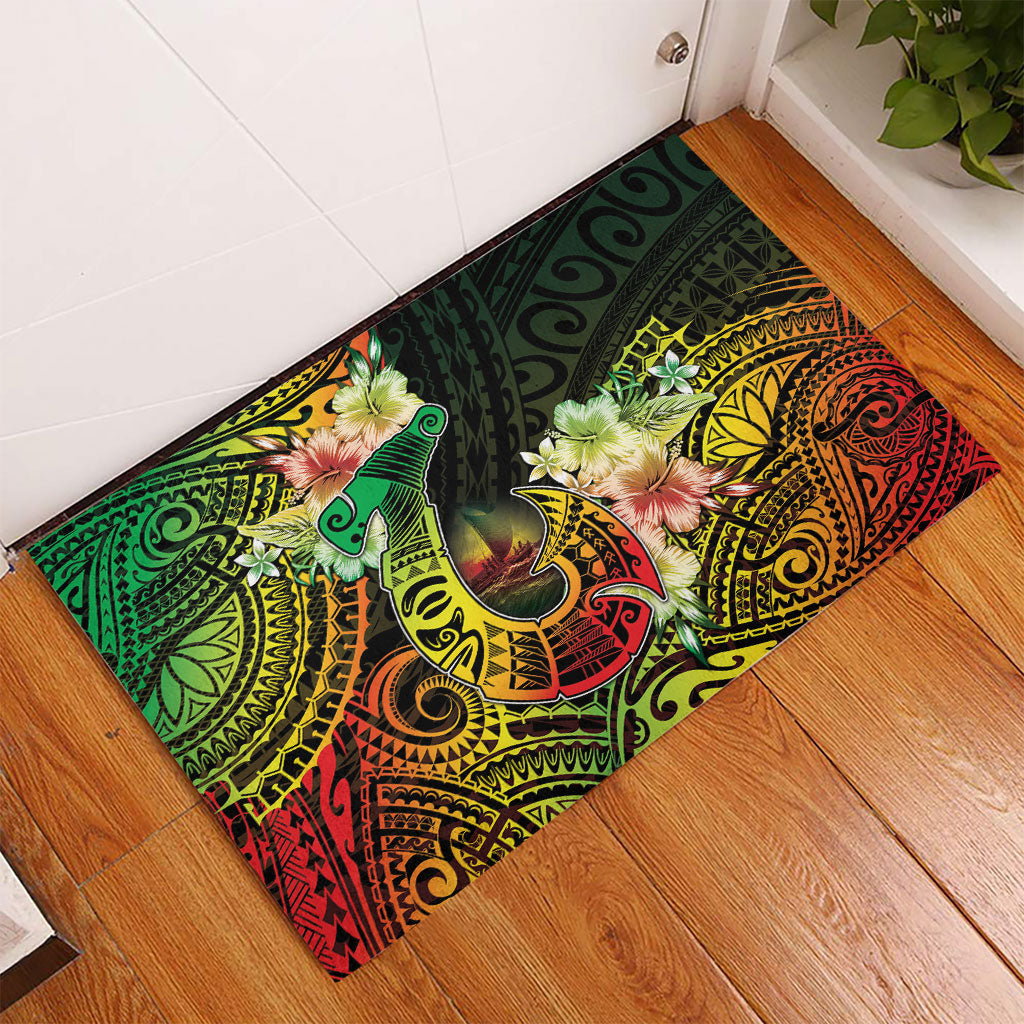 Hawaii Discoverers Day Rubber Doormat Polynesian Fish Hook With Hibiscus Reggae
