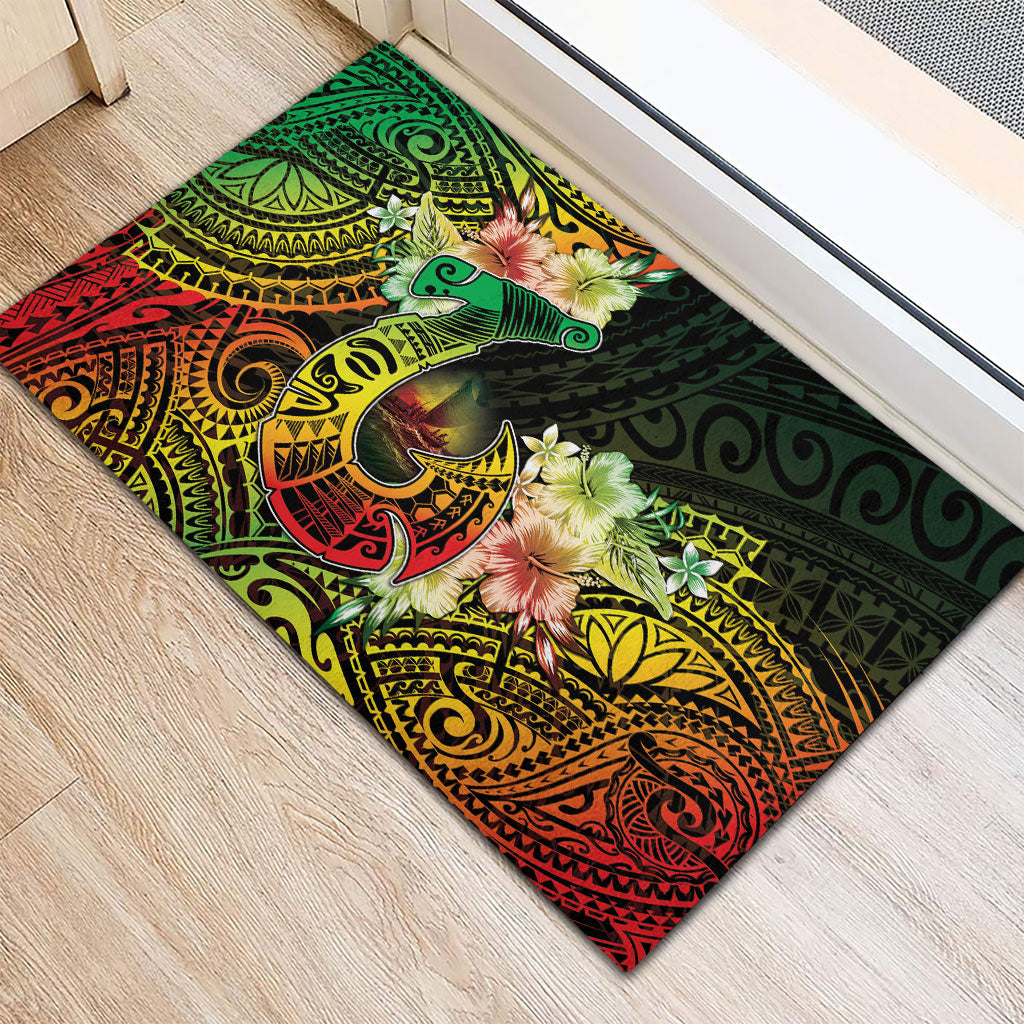 Hawaii Discoverers Day Rubber Doormat Polynesian Fish Hook With Hibiscus Reggae