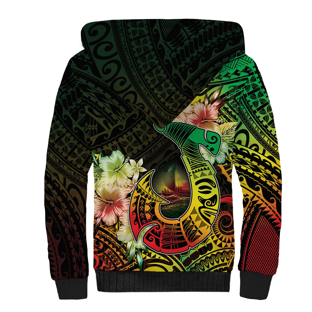 Hawaii Discoverers Day Sherpa Hoodie Polynesian Fish Hook With Hibiscus Reggae