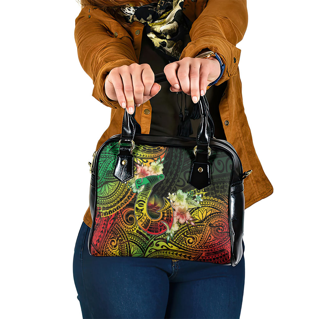 Hawaii Discoverers Day Shoulder Handbag Polynesian Fish Hook With Hibiscus Reggae
