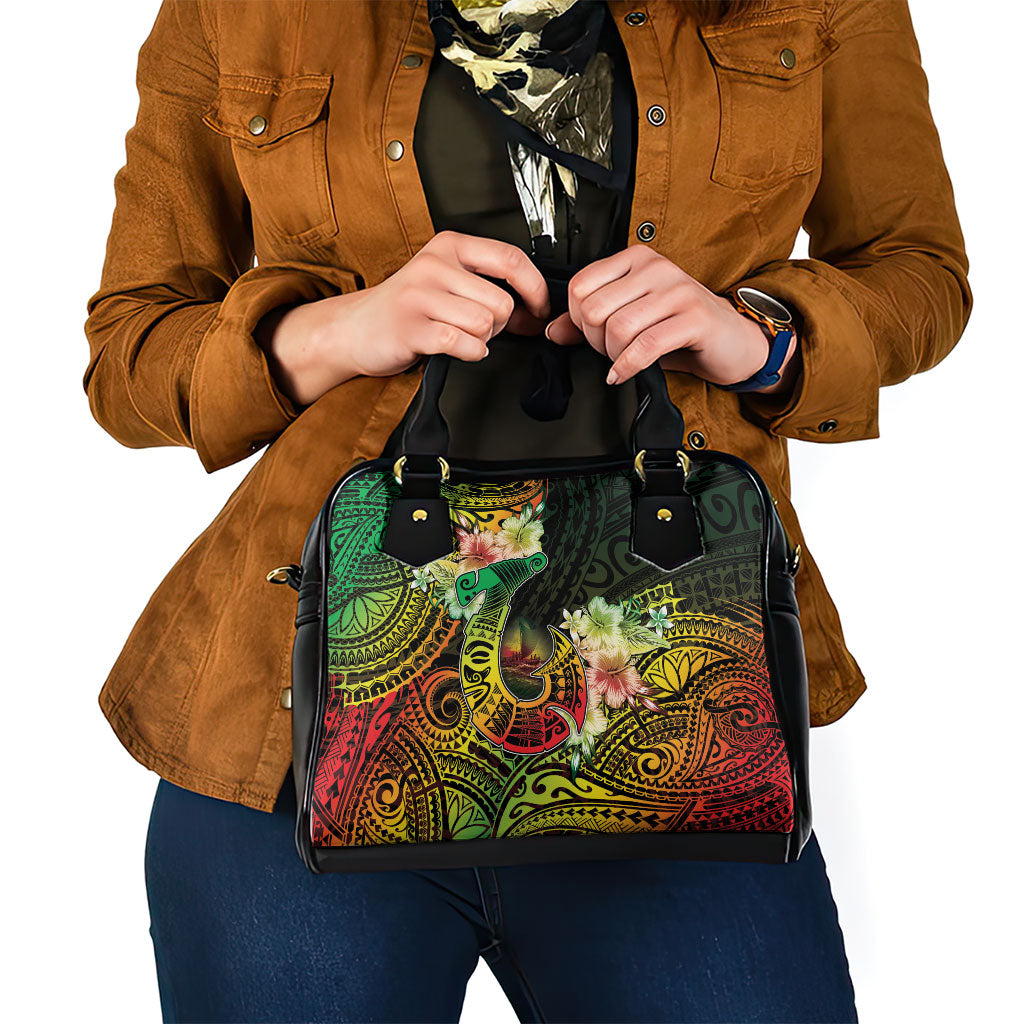 Hawaii Discoverers Day Shoulder Handbag Polynesian Fish Hook With Hibiscus Reggae