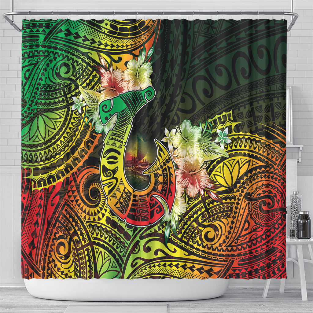 Hawaii Discoverers Day Shower Curtain Polynesian Fish Hook With Hibiscus Reggae