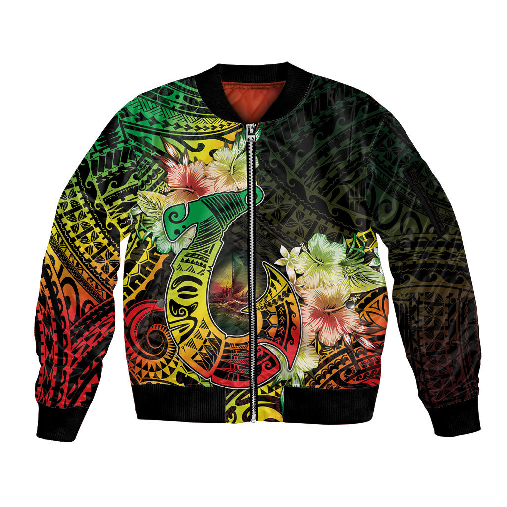 Hawaii Discoverers Day Sleeve Zip Bomber Jacket Polynesian Fish Hook With Hibiscus Reggae