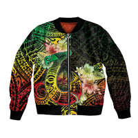 Hawaii Discoverers Day Sleeve Zip Bomber Jacket Polynesian Fish Hook With Hibiscus Reggae
