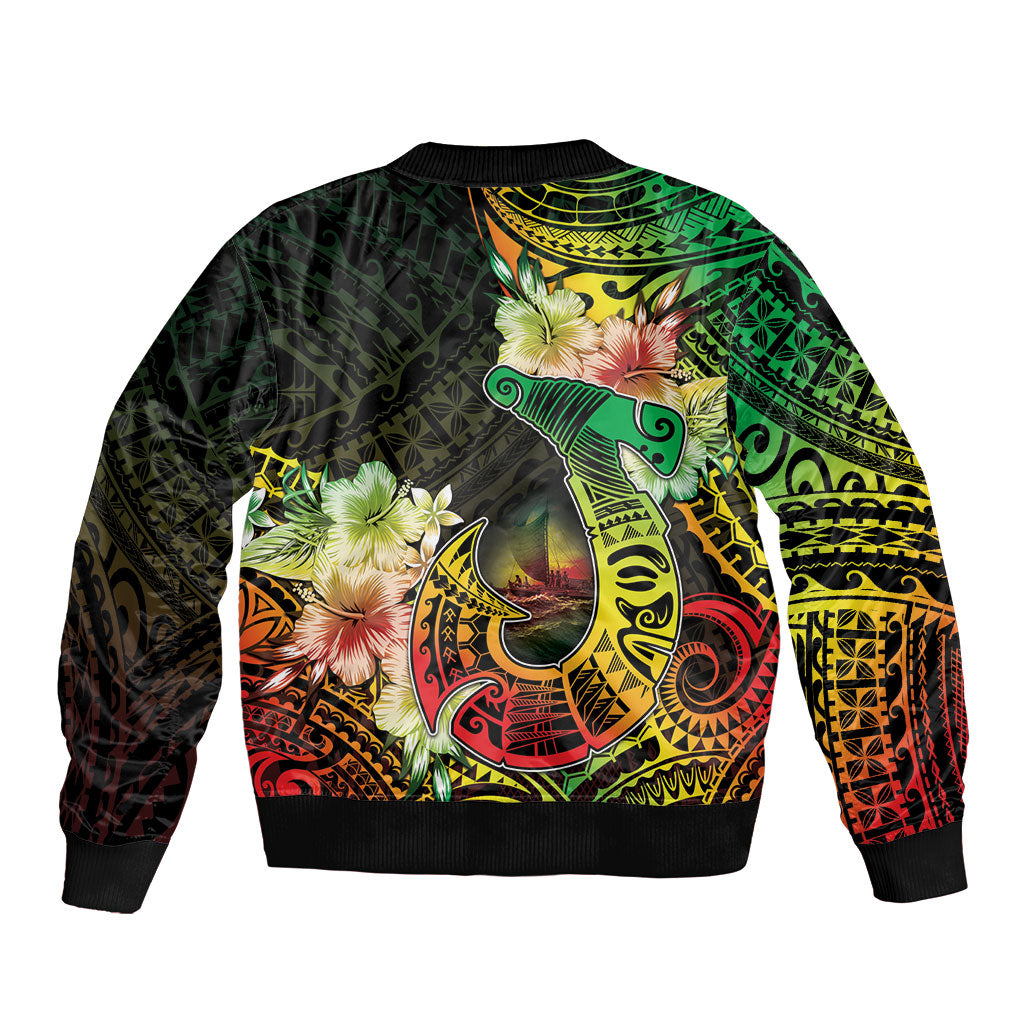 Hawaii Discoverers Day Sleeve Zip Bomber Jacket Polynesian Fish Hook With Hibiscus Reggae