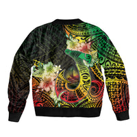 Hawaii Discoverers Day Sleeve Zip Bomber Jacket Polynesian Fish Hook With Hibiscus Reggae