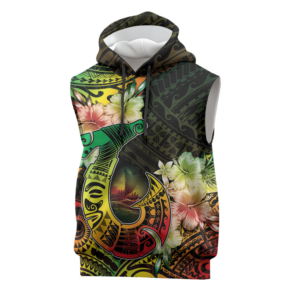 Hawaii Discoverers Day Sleeveless Hoodie Polynesian Fish Hook With Hibiscus Reggae