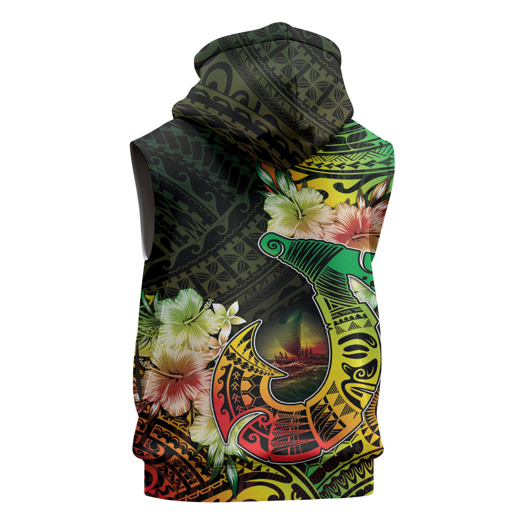 Hawaii Discoverers Day Sleeveless Hoodie Polynesian Fish Hook With Hibiscus Reggae