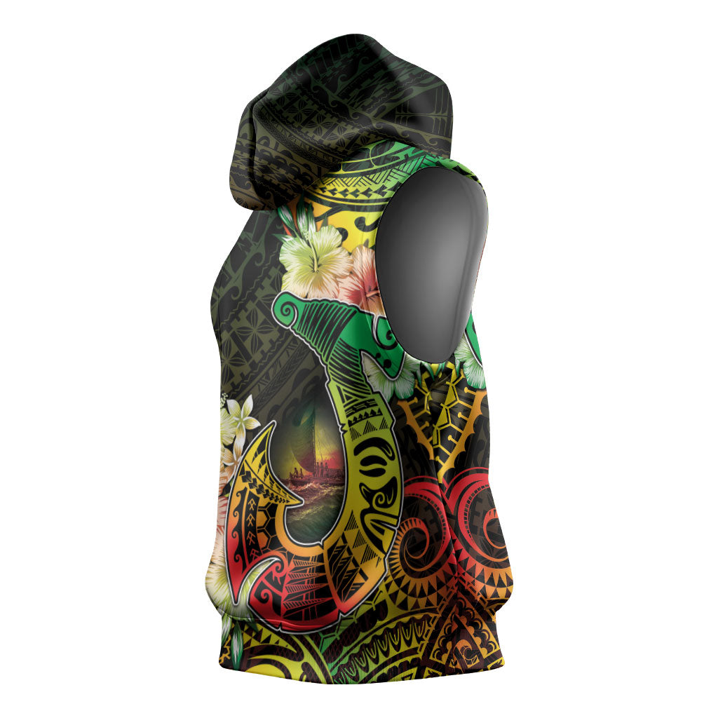 Hawaii Discoverers Day Sleeveless Hoodie Polynesian Fish Hook With Hibiscus Reggae