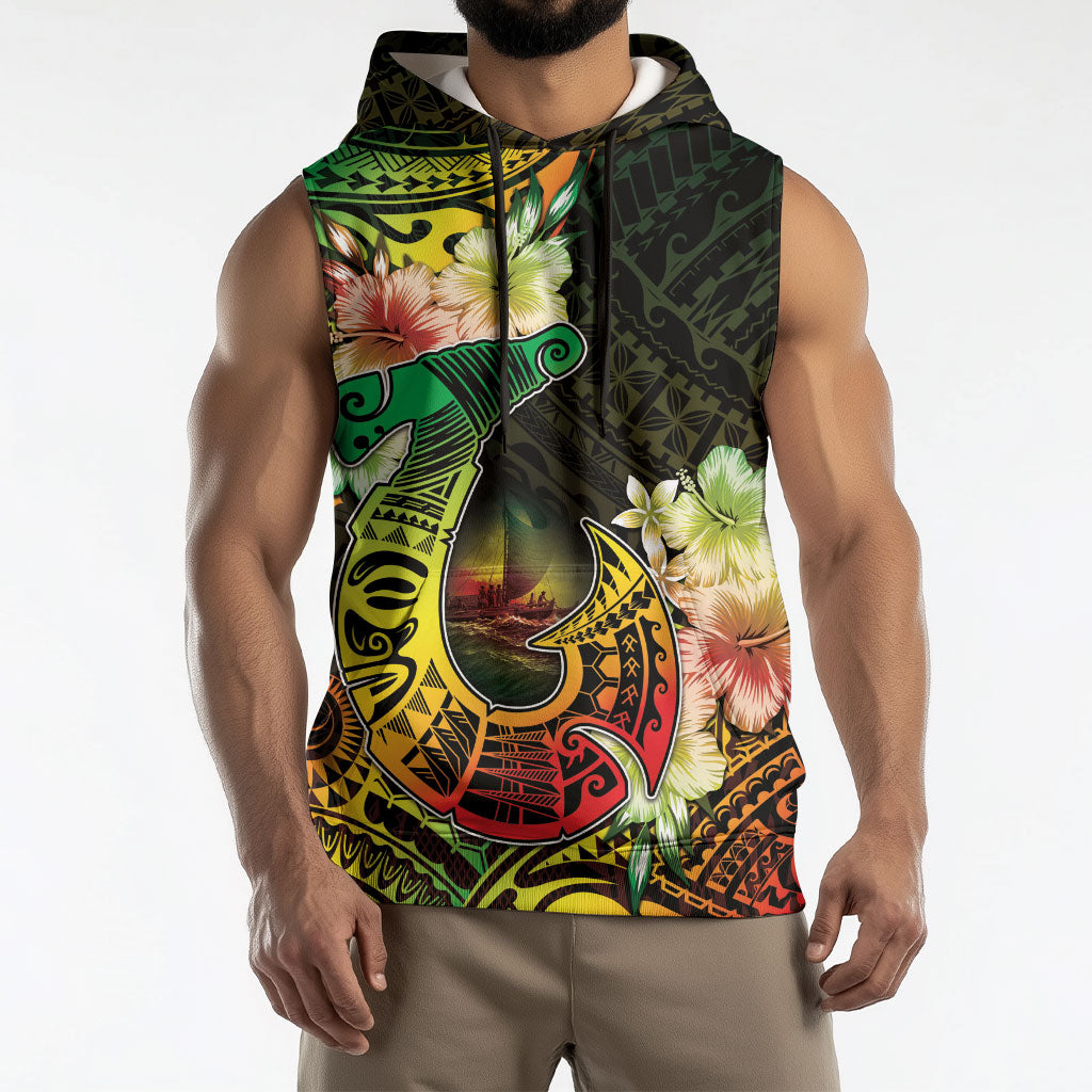 Hawaii Discoverers Day Sleeveless Hoodie Polynesian Fish Hook With Hibiscus Reggae