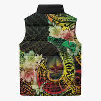 Hawaii Discoverers Day Sleeveless Puffer Jacket Polynesian Fish Hook With Hibiscus Reggae