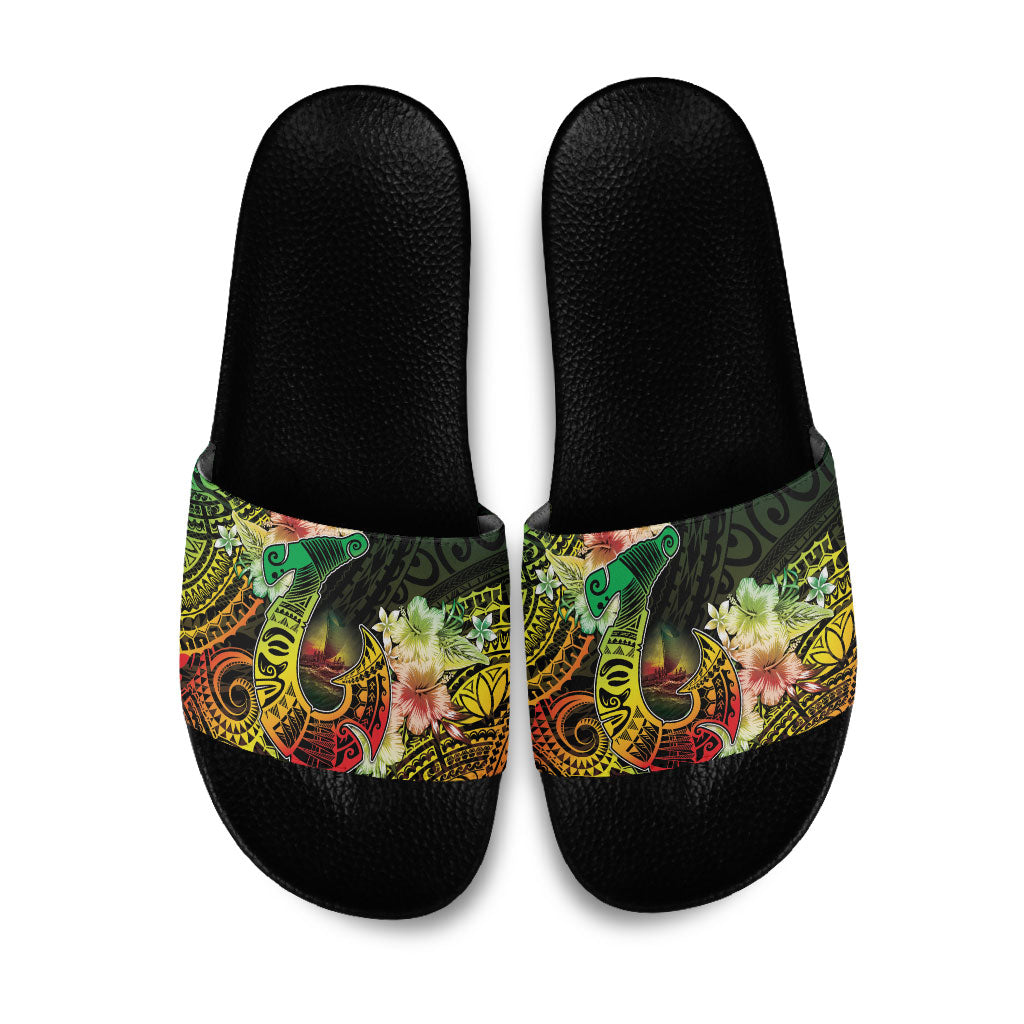 Hawaii Discoverers Day Slide Sandals Polynesian Fish Hook With Hibiscus Reggae