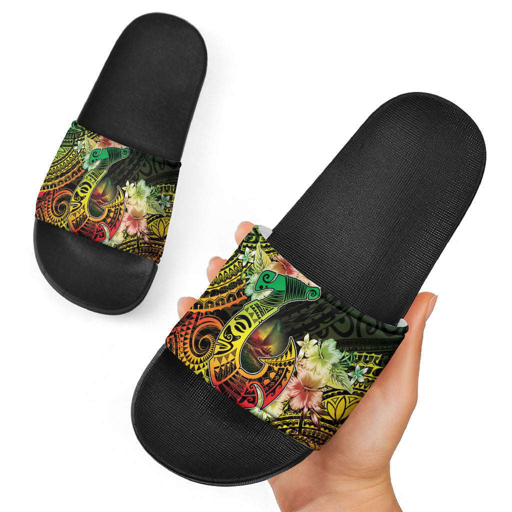 Hawaii Discoverers Day Slide Sandals Polynesian Fish Hook With Hibiscus Reggae