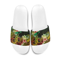 Hawaii Discoverers Day Slide Sandals Polynesian Fish Hook With Hibiscus Reggae