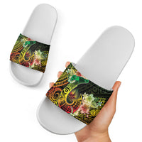 Hawaii Discoverers Day Slide Sandals Polynesian Fish Hook With Hibiscus Reggae
