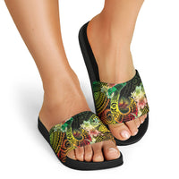 Hawaii Discoverers Day Slide Sandals Polynesian Fish Hook With Hibiscus Reggae