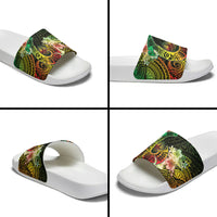 Hawaii Discoverers Day Slide Sandals Polynesian Fish Hook With Hibiscus Reggae