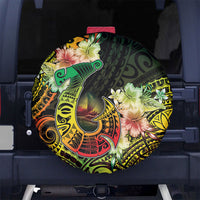 Hawaii Discoverers Day Spare Tire Cover Polynesian Fish Hook With Hibiscus Reggae