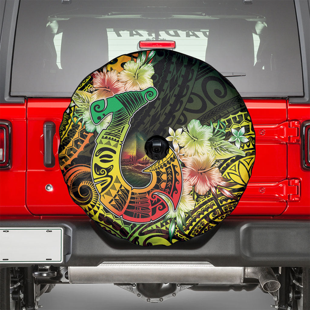 Hawaii Discoverers Day Spare Tire Cover Polynesian Fish Hook With Hibiscus Reggae