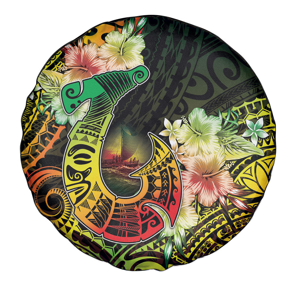Hawaii Discoverers Day Spare Tire Cover Polynesian Fish Hook With Hibiscus Reggae
