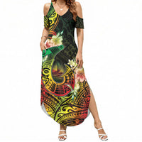 Hawaii Discoverers Day Summer Maxi Dress Polynesian Fish Hook With Hibiscus Reggae