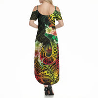 Hawaii Discoverers Day Summer Maxi Dress Polynesian Fish Hook With Hibiscus Reggae