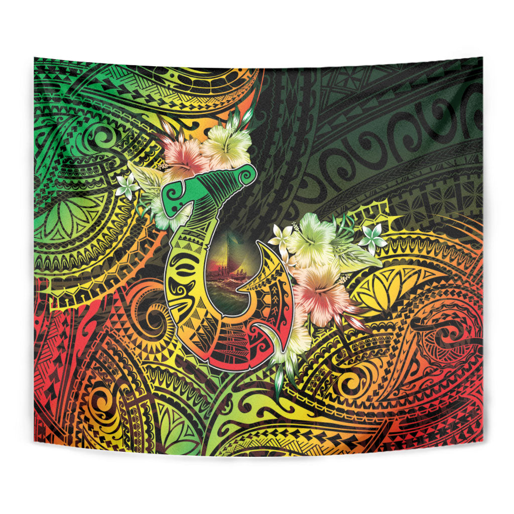 Hawaii Discoverers Day Tapestry Polynesian Fish Hook With Hibiscus Reggae