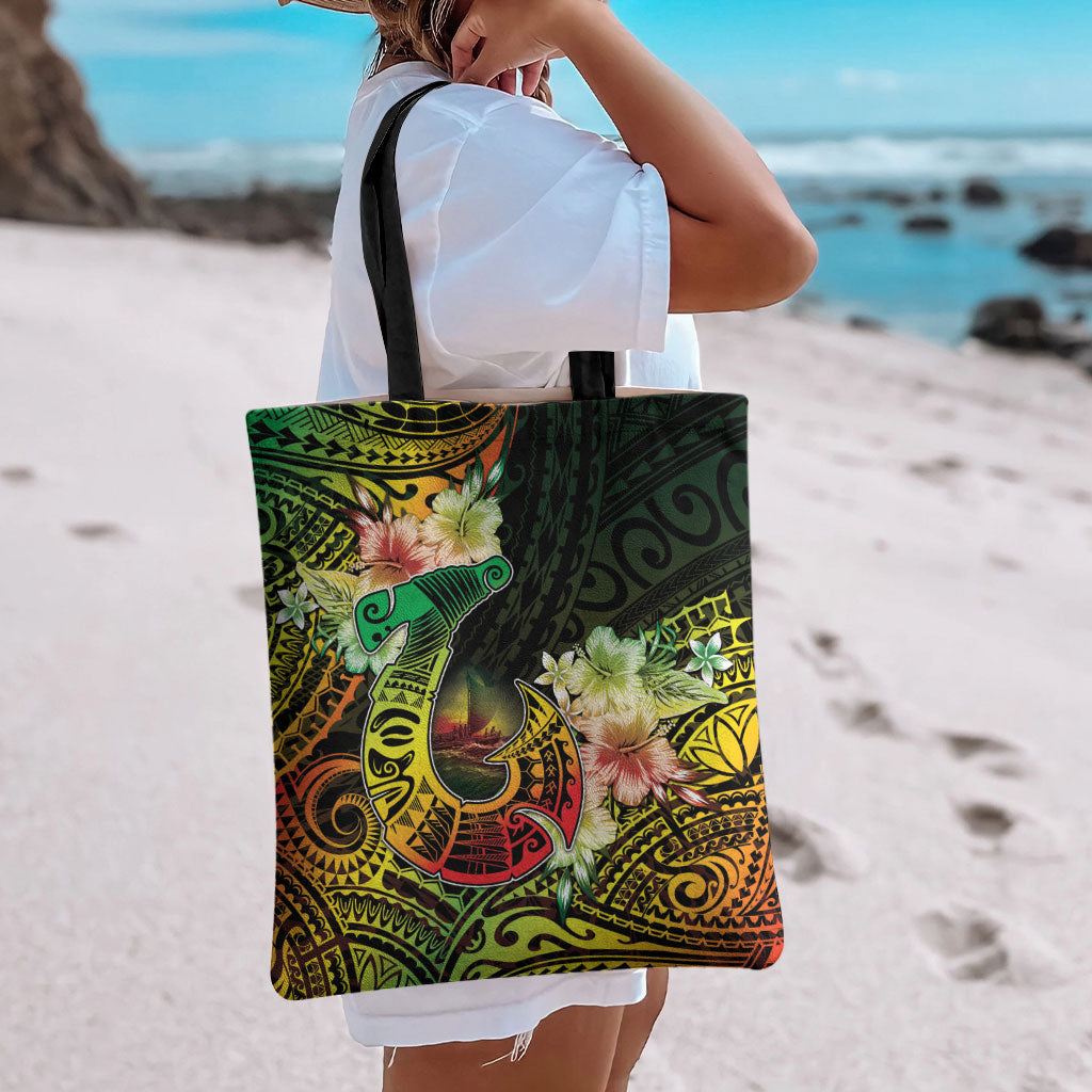 Hawaii Discoverers Day Tote Bag Polynesian Fish Hook With Hibiscus Reggae